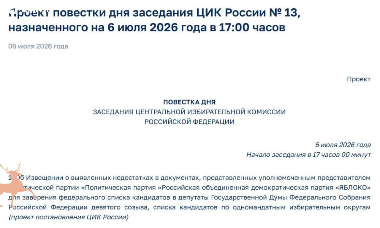 Центризбирком зафиксировал нарушения в документах, поданных «Яблоком» для регистрации на выборы в Госдуму. Экстренное заседание назначено на 6 июля — решение может лишить партию и независимых кандидатов права участвовать в кампании.