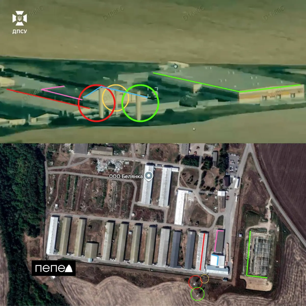 Украинская пограничная служба заявила об ударе беспилотника по складу птицефабрики в селе Белянка Белгородской области; место удара подтверждается геолокацией.