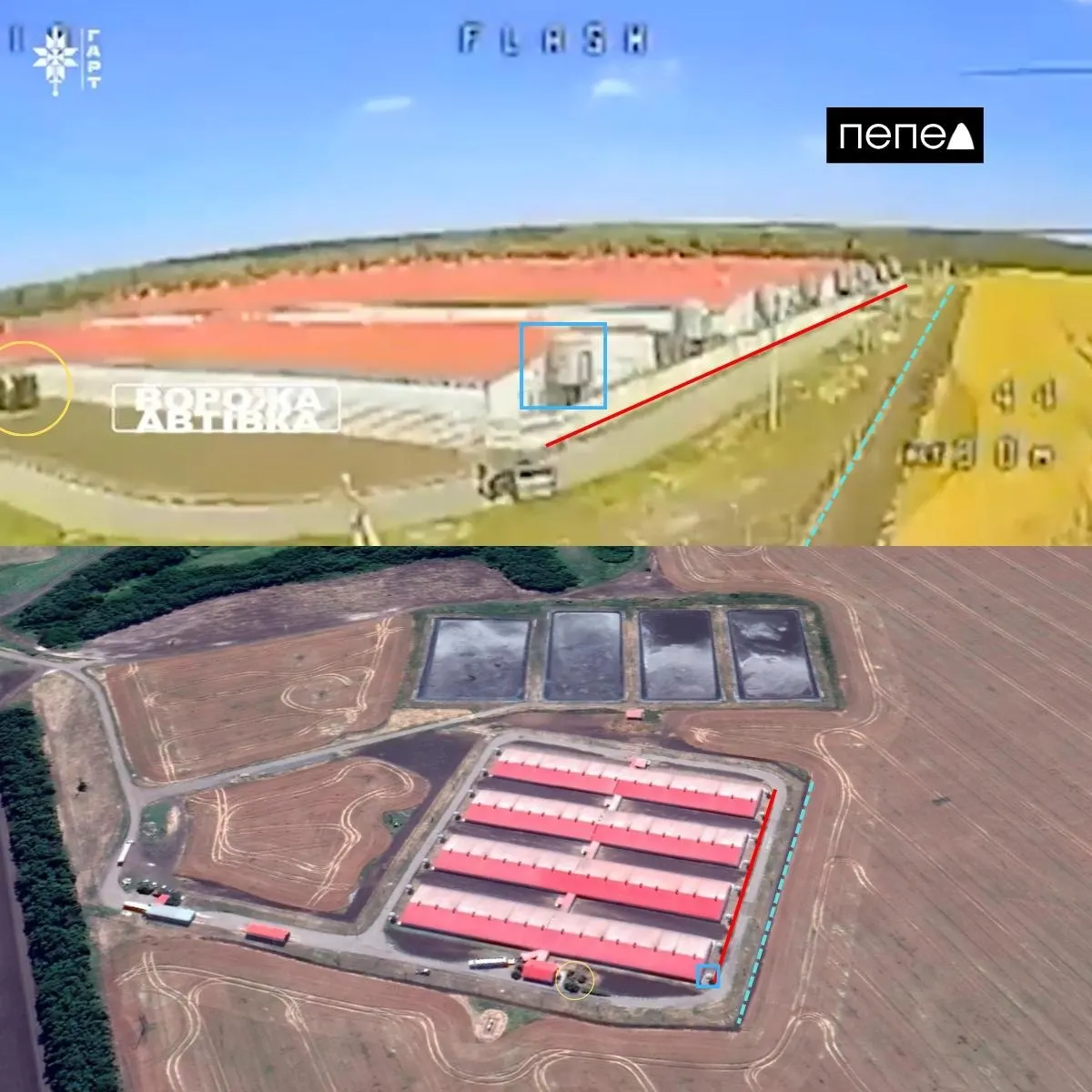 Кадры показывают приближение БПЛА к автомобилю с установленным на крыше радиопомеховым устройством; инцидент зафиксирован в Шебекинском округе Белгородской области.