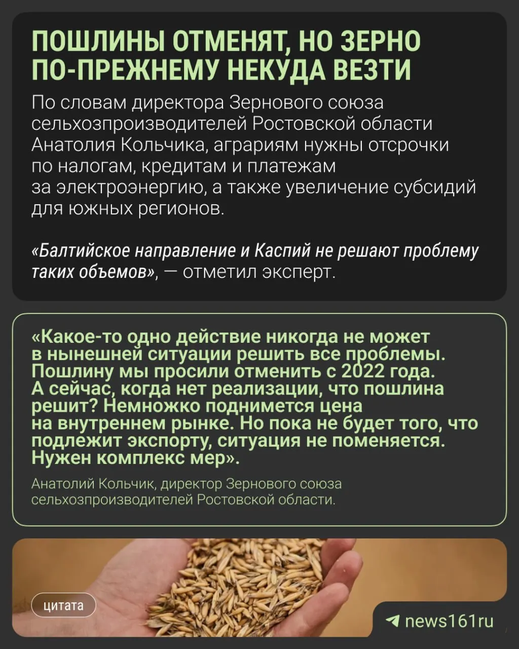 Планируемое обнуление пошлин на экспорт зерна до конца 2026 года не устраняет главных проблем: порты, переполненные элеваторы и низкие цены на зерно.
